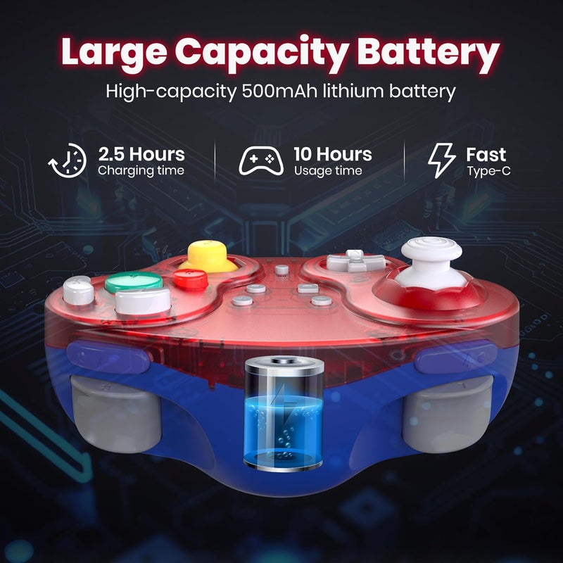 SAFFUN 2 Pack 2.4 GHz Wireless GameCube Switch2 Pro Controller, for NGC GameCube Console, Switch/Switch OLED/ Switch2, PC, Steam Deck, PC (Built-in Rumble) (Rechargeable) (Plug and Play) Clear Red - Image 4